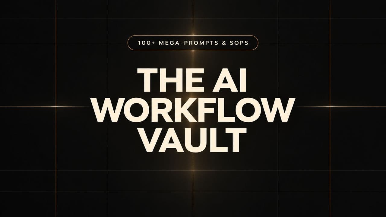The AI Workflow Vault cover, cream lettering on a black grid lit with gold